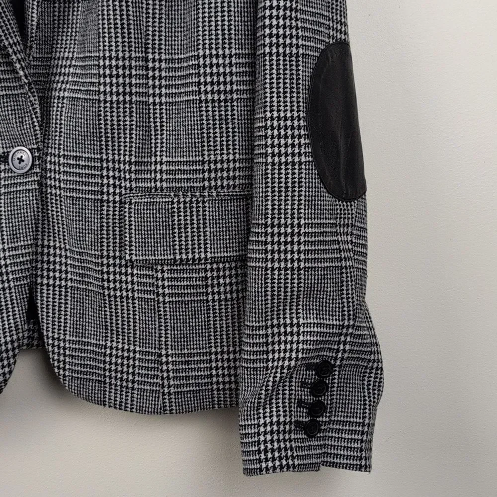 Michael Kors Black & White Houndstooth Plaid Blazer with Leather Accents Size 12